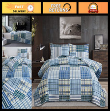 King Size Quilt Bedspread Set - Plaid Patchwork Bedding, Soft Reversible Coverle