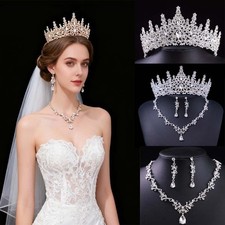 Bridal Bride Wedding Jewelry Set 3 Pcs Necklace Earrings And Crown Exquisite UK