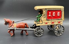 Antique Cast Iron Ice Wagon Horse Drawn Delivery Cart w/ Driver c1900 1920
