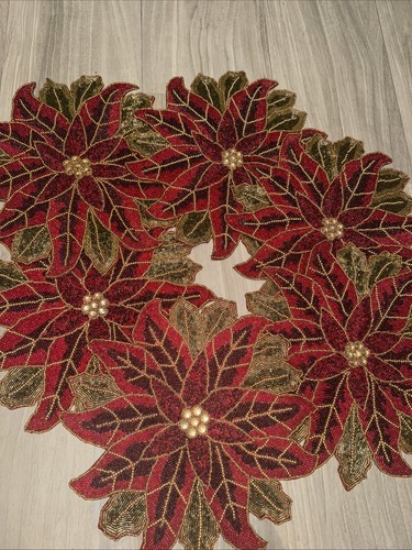 St Nicholas Heavy Beaded Decorative Placemat Christmas Motif Poinsettia Set Of 6 - Picture 4 of 9