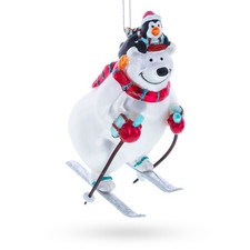 Skiing Polar Bear with Penguin Blown Glass Ornament