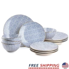12-Piece Blue Dot Stoneware Dinnerware Set Microwave Dishwasher Safe Set 4 New