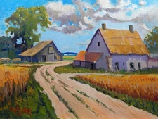 vintage cottage home barn clouds realistic Impressionism oil Painting landscape