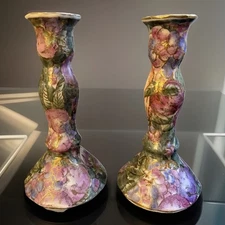 Vtg C&F Enterprises Chinoiserie Asian Floral/Fruit Candlesticks w/Gold Gilt