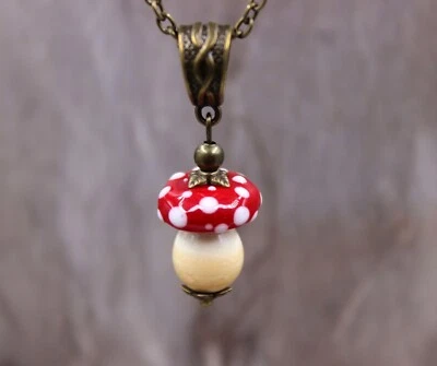 Fliegenpilz Pilz Kette Anhänger Perlen Glas Anhänger Lampwork Vintage #N060 - Bild 1 von 4