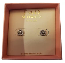 F*A*O SCHWARZ STERLING SILVER CIRCLE STUD EARRINGS W/ CRYSTAL STONE ACCENT NIB