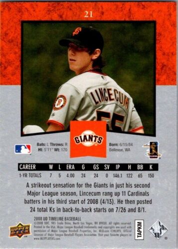 2008 Upper Deck Timeline - #21 Tim Lincecum - Picture 2 of 2