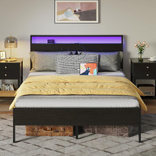 Bed Frame with Charging Station, Full Bed with LED Lights Headboard, Metal Platf