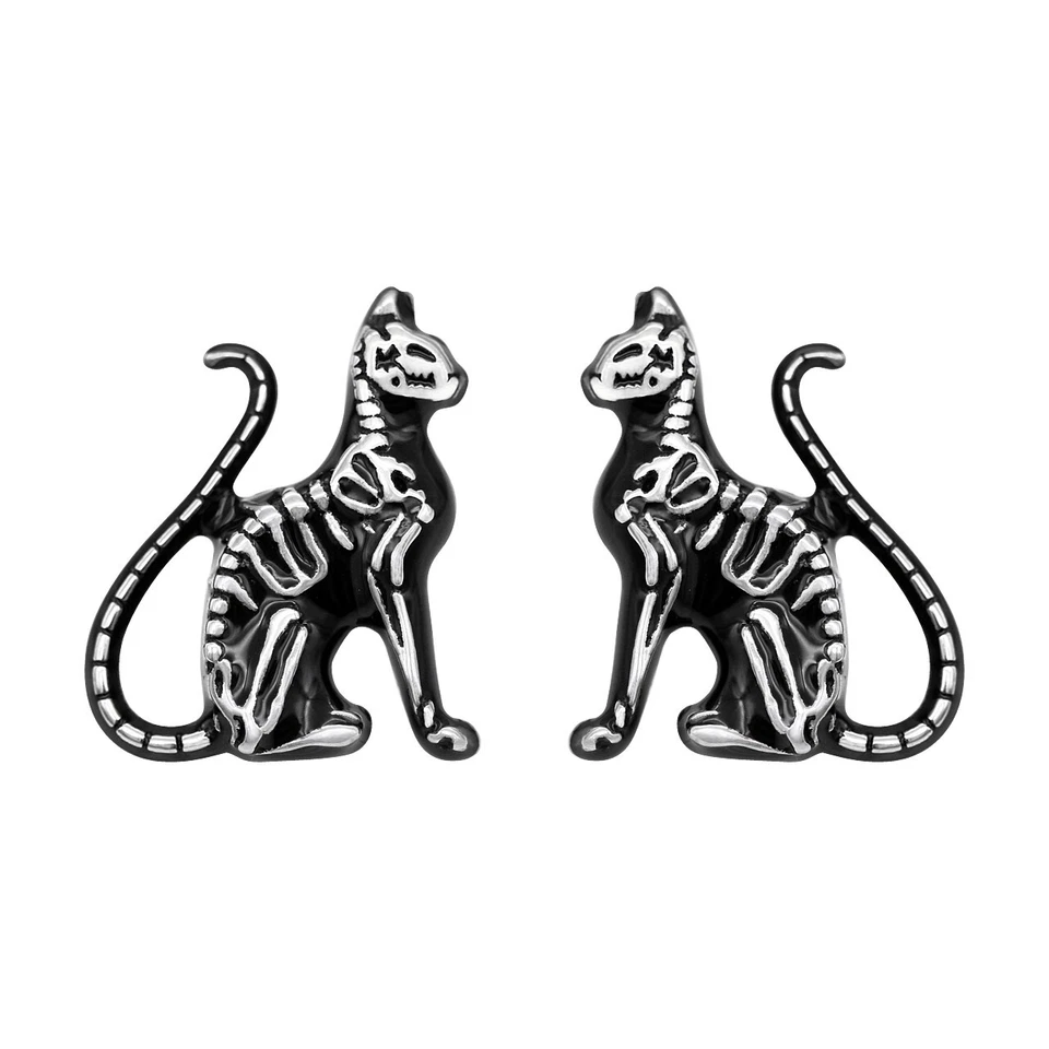 Pendientes Gato Negro Huesos Salvajes Acero Inoxidable Joyería Por Controse Foto 2 de 4