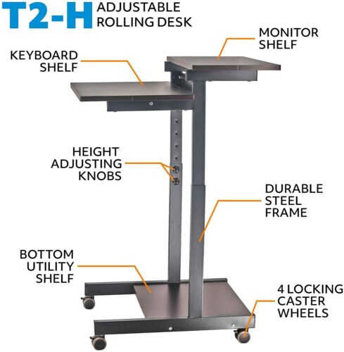 Sturdy Computer Rolling Desk Two Tier Keyboard Monitor Height Adjustable Brown - Picture 4 of 8