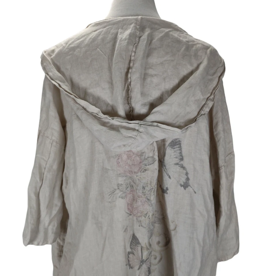 Негабаритный с капюшоном льняной куртки размер M слоновой кости бабочка графика открытый передний Италия - Изображение 3 из 4