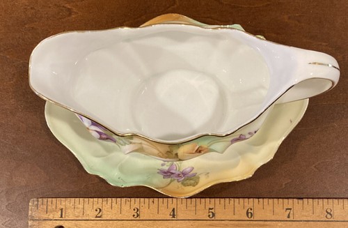 RS Germany Hand Painted Porcelain Gravy Boat and Underplate Roses Lilacs See Pic - Picture 11 of 11