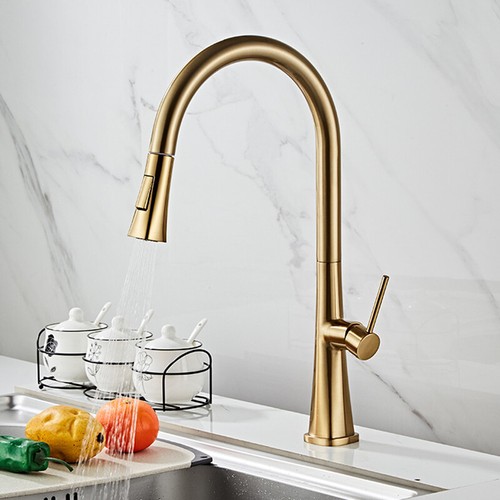 Kitchen Basin Facuet Brushed Gold Pull Down&Swivel Spout Mixer Single Handle Tap - Picture 4 of 10