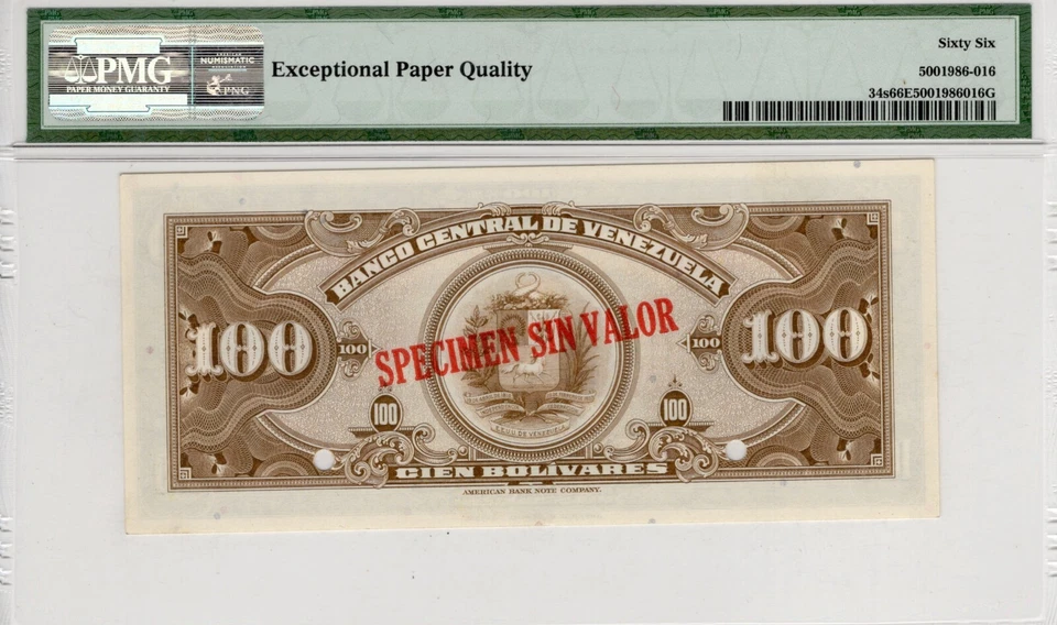 Venezuela 100 Bolivares SPECIMEN ND (1940-62) Pick-34s GEM UNC PMG 66 EPQ - Image 2 of 2