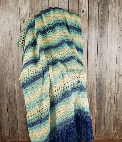 NEW Blue Green Beige Mix Stitch Handmade Knitted Afghan Throw Hand Knit Gift - Picture 2 of 11