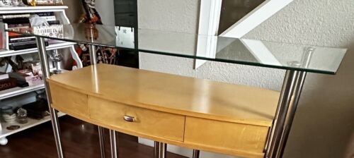 80’s Retro Glass Top Console/Entryway Table Light Oak Brushed Nickel Metal Legs - Picture 17 of 19