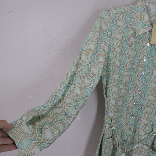 Vintage To the Max Silk Top Women 8 Geo Sage Blue Belted Button Cuffs Tunic NWT - Picture 5 of 21