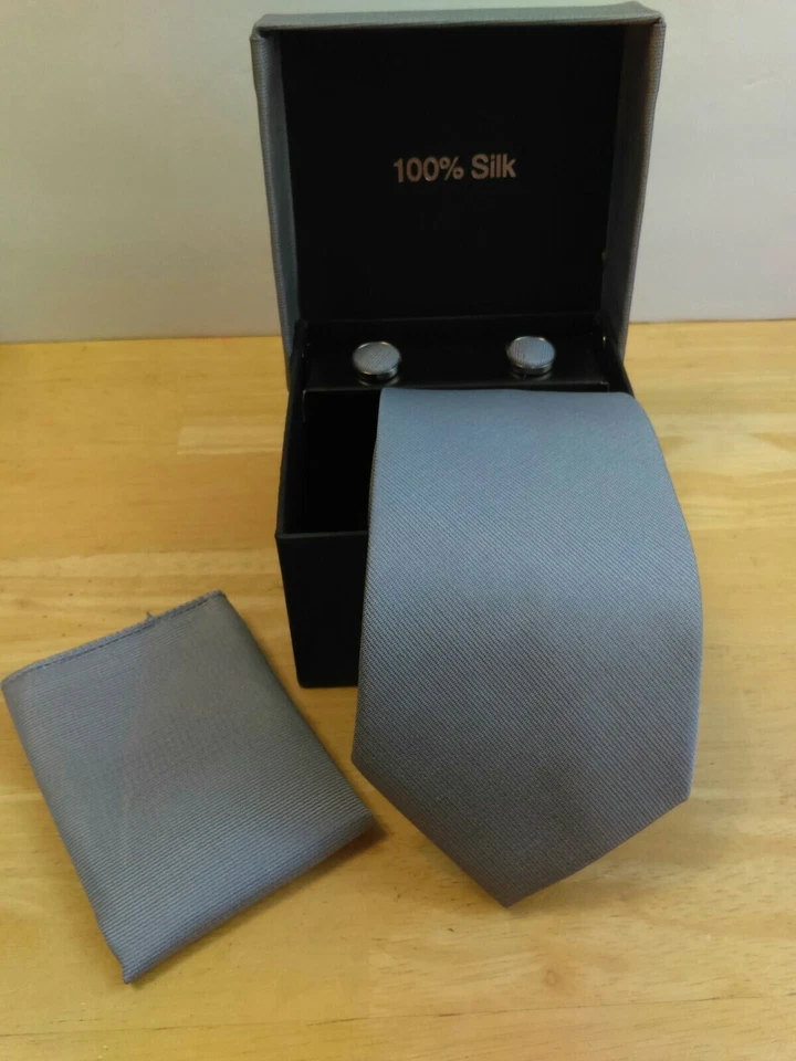 100% Silk Mens Tie Set Gray HandMade Woven Solid Necktie Cuff Links Handkerchief - Image 2 of 4