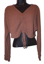 Shein beige brown tie waist crop Long Sleeve Waffle Top Size S R2