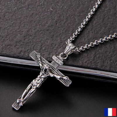 Collier Croix Chrétienne Homme - Pendentif Jésus Christ Orthodoxe - Chaîne Belcher Noire 60 Cm - Acier Inoxydable - Cadeau Religieux