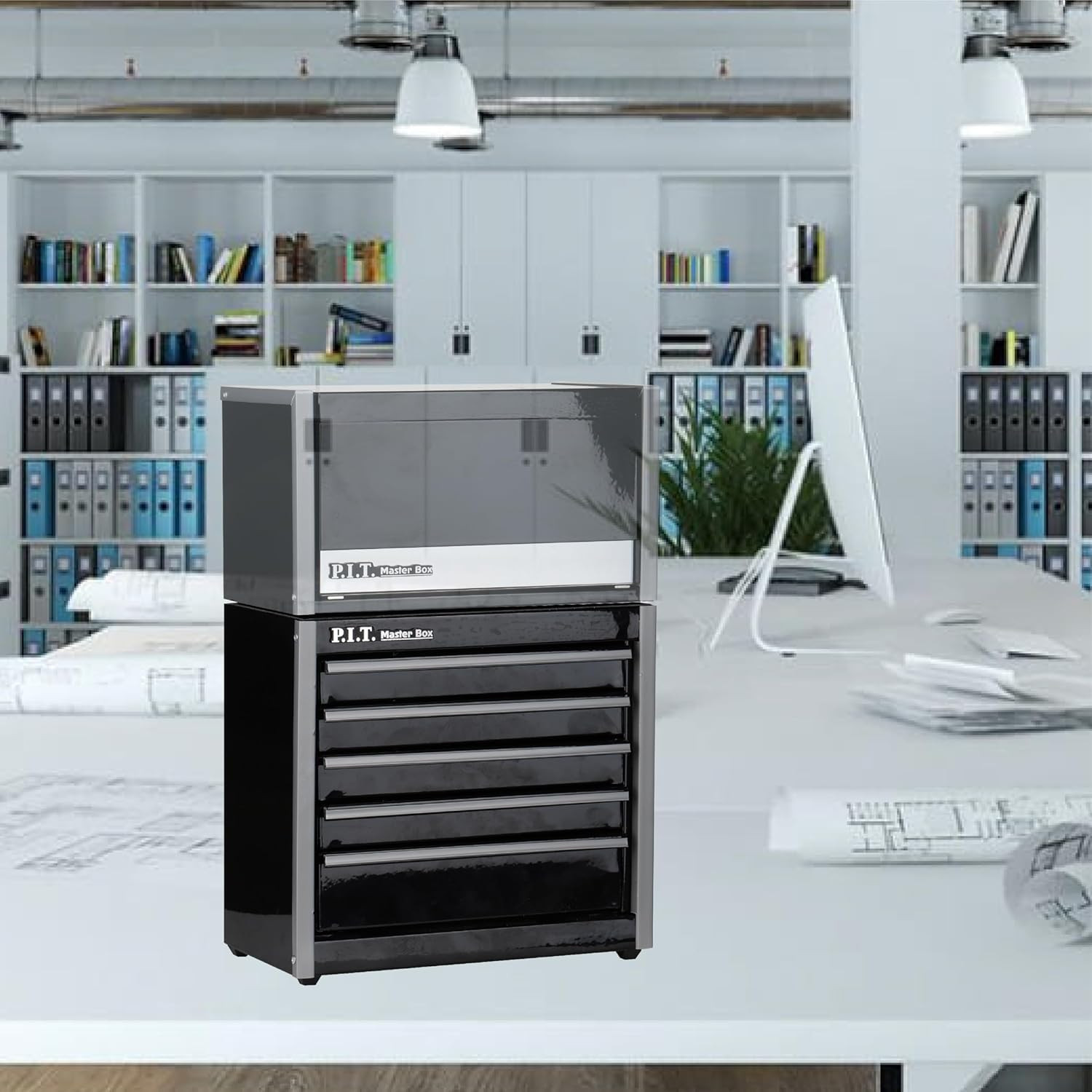 P.I.T. Mini Black Tool Box, Portable 5-Drawer Micro Roll Cab Steel Stackable Too