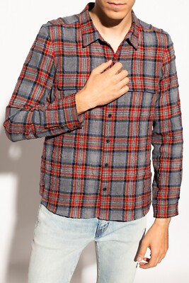New Saint Laurent YSL Gray Red Check Print Western Crop Flannel