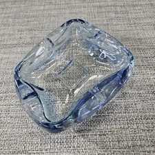 Vintage Blue Clear Art Glass 4 Finger Ashtray Mid Century