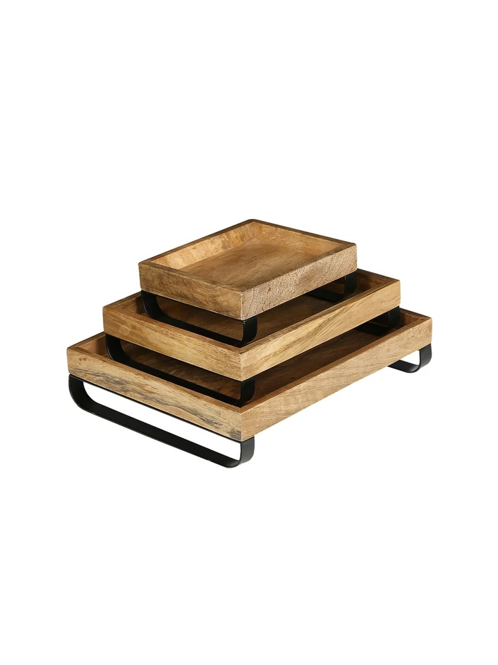 Set Of 3 Brown Mango Wood Serving Trays Bottom Metal Handle Impress your guests  - Image 3 of 4