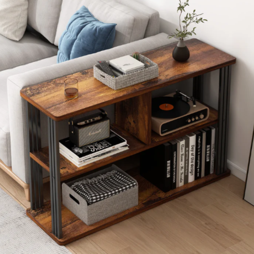 Wood and Steel Sofa Side Bedside Table with Shelves Home Storage (Rustic Wood) - Picture 2 of 7