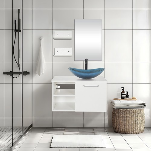 28" Wall Mounted Vanity with Glass Vessel Sink for Bathroom Drain Faucet Combo - Picture 6 of 68