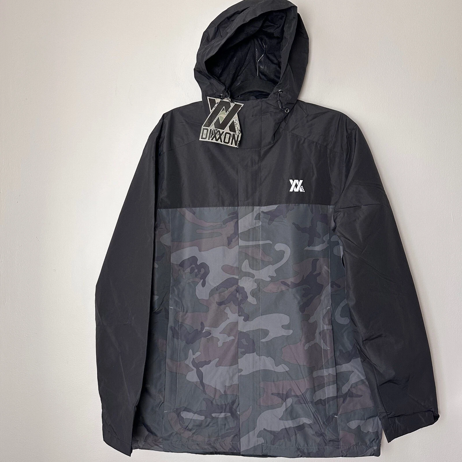 Dixxon Tech Jacket Men Large Camo Hooded Windbreaker Black Gray Lightweight