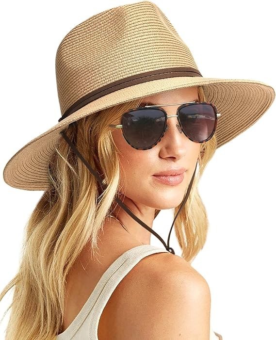 Womens Straw Sun Hat Beach Summer Panama Hat Foldable Packable Tan Khaki UPF80+