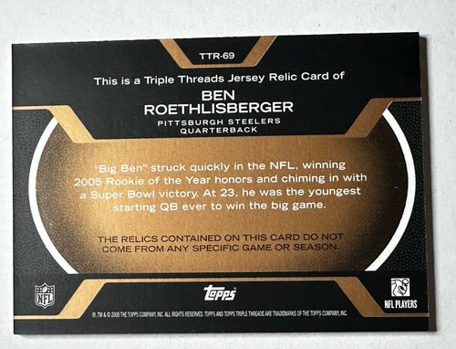 Ben Roethlisberger 2008 Topps Triple Threads 3-cl Relic Jersey card /12 - Picture 4 of 5