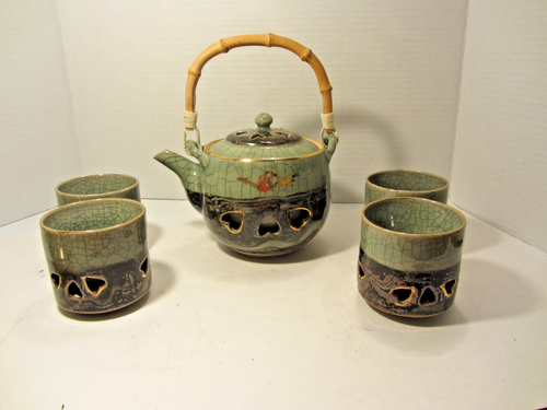 Vintage Somayaki Soma Ware Green Crackle Horse Teapot and 4 cups Japan Otagiri