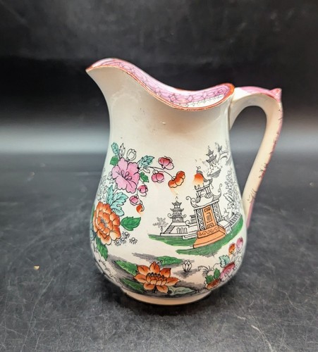Antique J Edwards & Sons Pitcher Polychrome Earthenware Chinese Floral Pattern - Picture 6 of 10