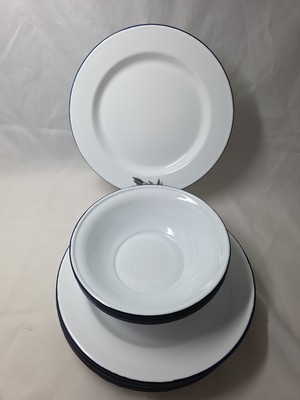 1 Vntg Porcelain Enamelware Blue Band Bowl/Dish Farmhouse Decor Metal Hong Kong