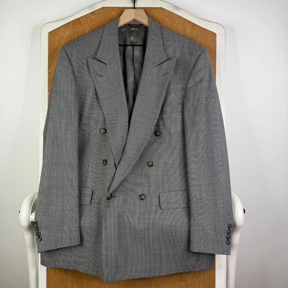 Traje De Colección Doble Pecho Para Hombres 42L Gris Pata de Gallo 6x1 100% Lana Pantalones 38x31 Foto 2 de 4