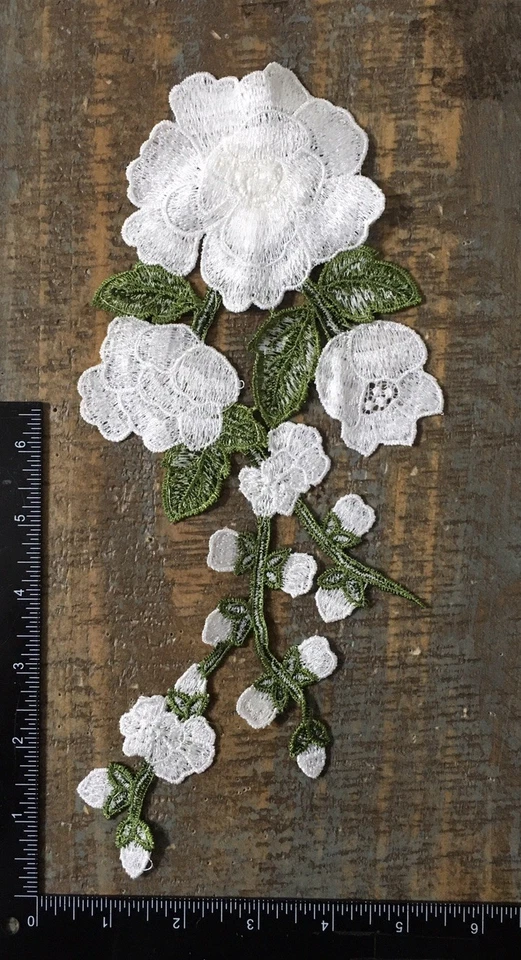 LONG STEM WHITE ROSE Flower Plant Floral Roses Buds Garden Applique Patch 12X5 - Image 4 of 4