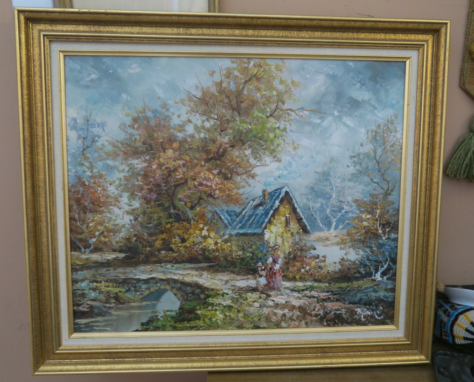 VINTAGE CABIN BY THE LAKE LANDSCAPE OIL ON CANVAS PAINTING 20" X 24 ...