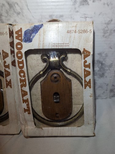 2x NOS Vintage Ajax Hardware Towel Ring Antique Brass & Wood - Picture 3 of 8