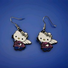 Hello Kitty Angel Enamel Drop Dangle Silver Earrings New