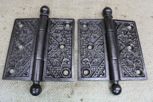2 Old Door Hinges Ball Tip 3 1/2 X 3 1/2" Vintage Eastlake Cast Steel Leaves