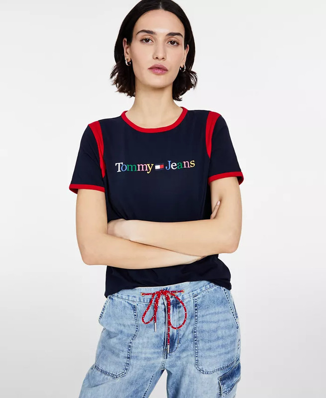 TOMMY JEANS Women's Multicolored-Logo Contrast-Trimmed Top Sz M NWT
