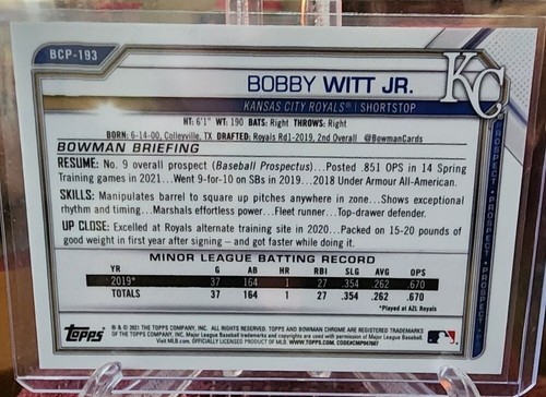 2021 Bowman Chrome Prospect Bobby Witt Speckle Refractor /299 Kansas City Royals - Picture 2 of 3