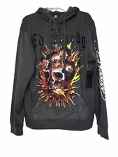 New ED HARDY Mens Size M Dark Grey Exploding Skull Fleece Streetwear Hoodie Y2K