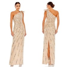 Mac Duggal 93739 Embellished Floral Detail One Shoulder Gown Sz 14 NWT Nude Gold
