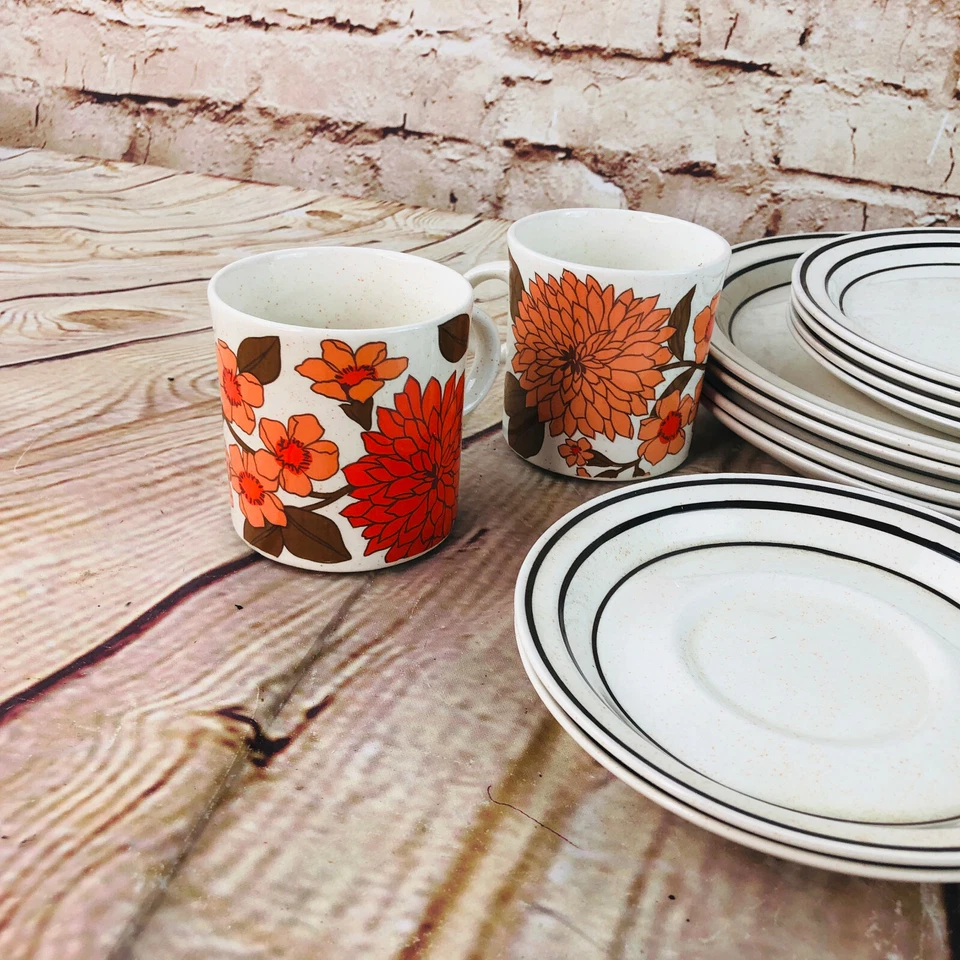 Juego de platos y tazas de cocina de piedra Brendan Erin diseño floral naranja rojo platos tazas  Foto 3 de 4