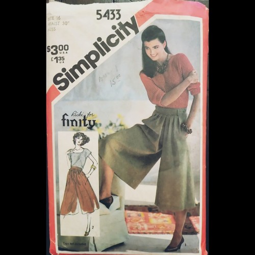 Vtg Ricki for Finity for Simplicity Set of Culottes Pattern #5433 Size 16 CUT