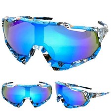 Oversize 90s RETRO SPORTY Wrap Around Style SUN GLASSES GOGGLES Blue Mirror Lens