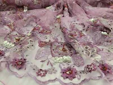 Lilac Lace Fabric with 3D Vinyl Floral Embroidery: Sold by the Yard - Fashion fo